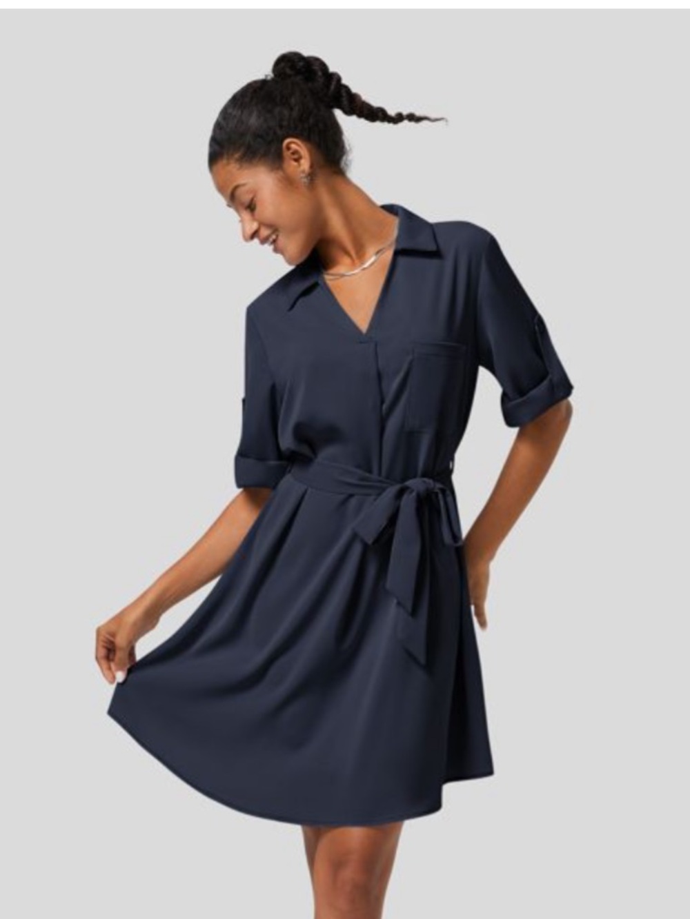 Roll Up Sleeve Belted Relaxed Work Shirt Dress